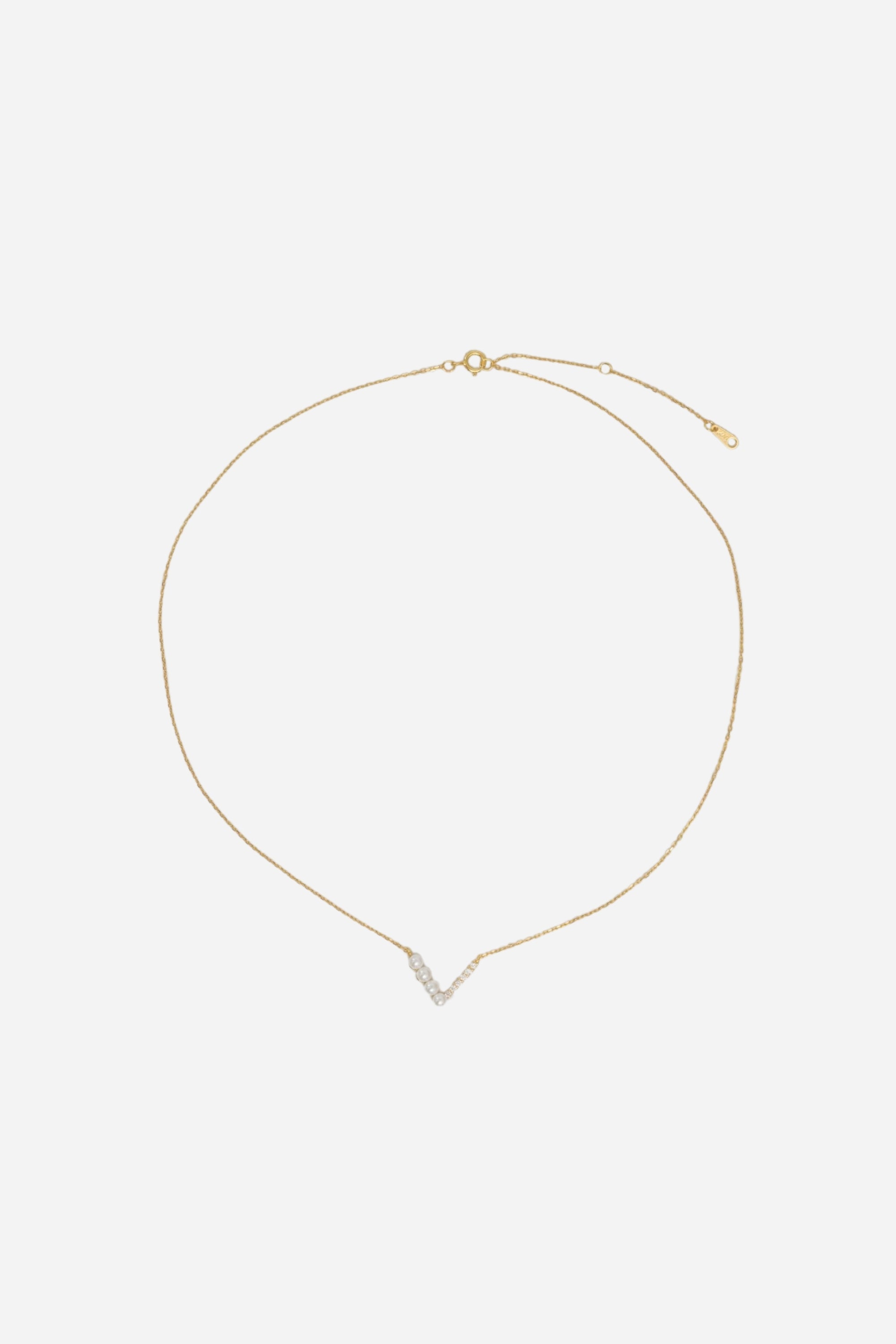 V Pearl Dia Necklace | Gold
